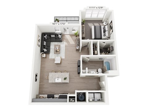 Serape 1-bedroom, 1-bathroom apartment at Nook Nine in Indianapolis, IN, featuring a bright, open-concept living space, chef-inspired kitchen with stainless steel appliances, private balcony, and a large walk-in closet, providing modern elegance near Keystone at the Crossing.